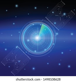 The concept abstract geometric elements with circles, dots, light, square, grid lines and digital radar screen. Scientific futuristic interface. Abstract technology of motion on dark blue background.
