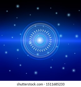 The concept abstract geometric elements, digital screen with circles, dots, rings, lines and arrow. Scientific futuristic interface. Abstract technology of motion on dark blue background.