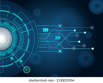 The concept abstract geometric elements with shapes arrow, circles, dots, triangles, line and square. Abstract digital blue neon light screen background. Vector illustration for your design  
