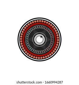 The concept abstract geometric elements with shapes circle, button and lines. binary circuit future technology black, red, blue with grey eye scan virus illustration. Isolated on white background