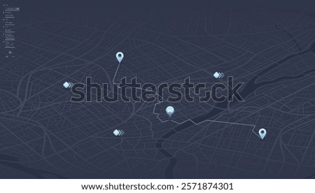 Concept of abstract GPS navigation and online navigation with POI. Several way get directions map pointer, place mark. Top view on city map navigation. Tracking path with app. Vector illustration.