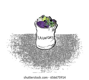 Concept abstract poster with Laundry basket full of rags. Hand drawn and vectored. Useful for laundry interior design and cute postcards.