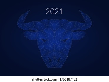 Concept abstract silhouette of the head of a horned bull, symbol of 2021, in low poly style. Geometric tech bull logo on a dark blue gradient background.