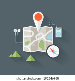 Concept of abstract street map with navigational elements and symbol. Flat design style modern vector illustration. Isolated on stylish background.