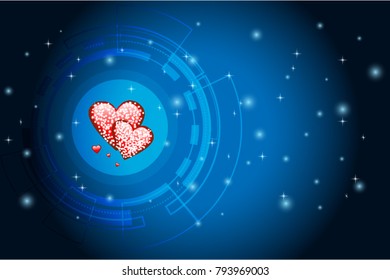 The concept abstract technology elements with shapes. Vector illustration of red hearts with snow white. representing love, passion, romance and emotion. Creative concept on dark blue background. 