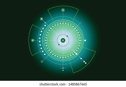 The concept abstract vector dark blue technology background with line, circles, dots, line dotted, ring, plate, on green neon light background of Vector illustration scientific futuristic interface. 