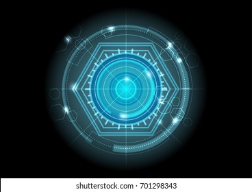 The concept abstract vector dark blue technology background with  hexagon in circle, blue neon light   