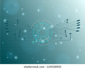 The concept abstract vector dark green technology and  plus background with lines, arrow, dots and square in circle with circuit board line green. Vector illustration for your design 