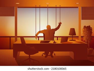 Concept of the abuse of power in business, with the symbol of a man sitting behind his desk, who is manipulated like a puppet.