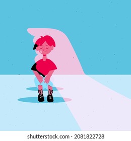 The concept of abusive family relationships. The child sits on the floor and cries. Flat vector illustration