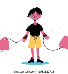 The concept of abusive family relationships. Parents divide and manipulate the child. The boy is crying. Flat vector illustration
