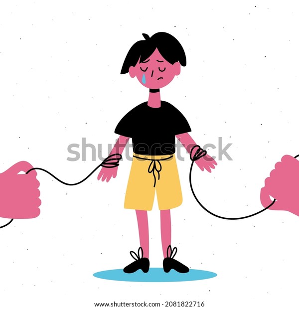 The concept of abusive family relationships.\
Parents divide and manipulate the child. The boy is crying. Flat\
vector illustration