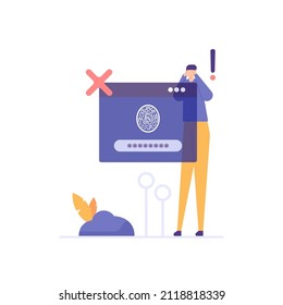 the concept of access denied or not allowed. fingerprint error or wrong. illustration of a user panicking because he can't login or access his account. protection systems and technology. flat cartoon