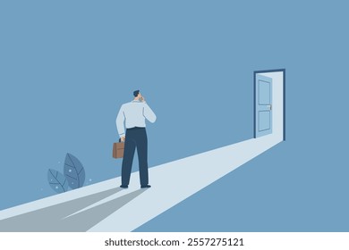 The concept of access and success, The door to success, The entrance to business or career opportunities, Progress or path to solving problems, Businessman sees a brightly lit door ahead. Vector.
