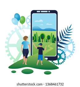Concept of access to the virtual world using modern technologies and gadgets. Woman and boy are walking along the road to the summer landscape of nature on the smartphone screen. Vector illustration