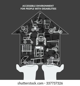 The concept of accessible environment for people with disabilities. House with icons on the palms. Vector illustration.