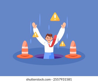 concept of accident and trapped in trouble. failure, crisis, and problem. illustration of a businessman or employee entering or falling into a hole. flat style design. elements