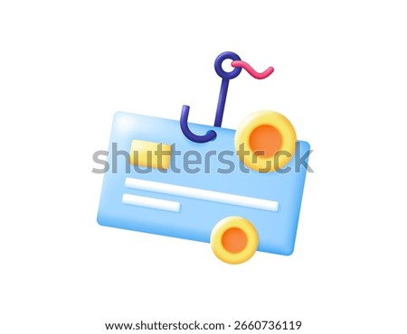 a concept of account balance theft. stealing information and money from ATM cards. phishing. illustration of a hook that catches a card and coins. crime. minimalist 3d style design. asset elements