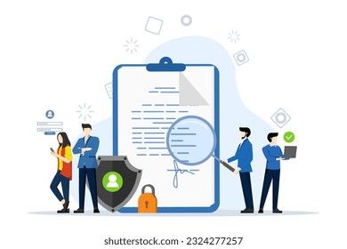 Concepto de seguridad de la cuenta, política de privacidad, consentimiento del usuario. Se establece con personas que firmen documentos, protejan fechas personales, envían transacciones, verifican documentos. Ilustración vectorial en forma plana.