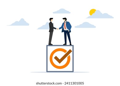 concept of accountability or engagement, businessman handshake on completed check box. Commitment, agreement to submit or complete work, leadership skills or belief in job responsibilities.