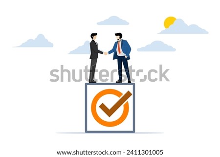 concept of accountability or engagement, businessman handshake on completed check box. Commitment, agreement to submit or complete work, leadership skills or belief in job responsibilities.