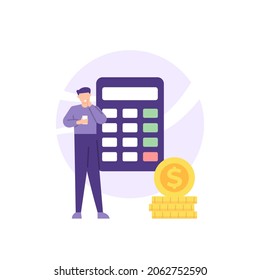 a concept of an accountant and a manager. illustration of a male employee. Plan and coordinate the preparation of the company budget, and control the use of the budget. financial management.