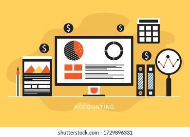 Concept of accounting, analysis, audit, calculation. Auditing tax process. Business background