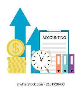 Concept Of Accounting, Money And Business Document. Vector Illustration. Finance Tax, Bank Bill, Banking Limit Time, Pay Analysis, Cash Research, Work Taxation, Statistics Calculation