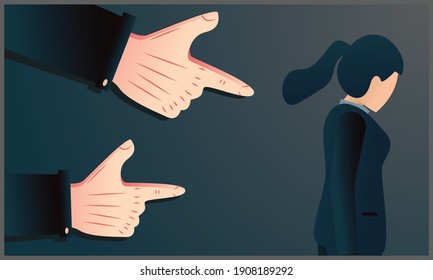 concept of accusation guilty businesswoman person, side profile sad upside woman looking down many fingers pointing at her isolated gray office background