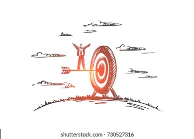 Concept: achieve, target, champion, winner, leader. Hand drawn arrow hitting in the target center of dartboard. Success businessman isolated vector illustration.