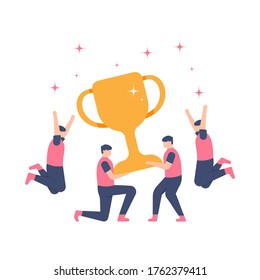 the concept of achievement, champion, win, teamwork, celebration. illustration of a team that gets a trophy. flat design. can be used for elements, landing pages, UI, website