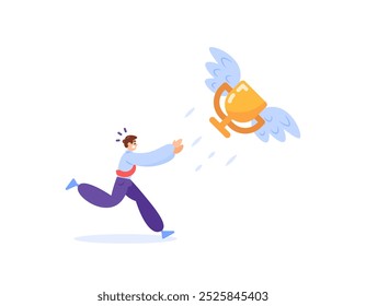 concept of achievement and failure. fail to win and succeed. failure to win. effort to achieve victory. illustration of a man chasing a flying trophy. flat style design. elements