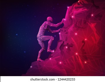 concept of achievement of hard working, low poly man climbing mountain in sci-fi style