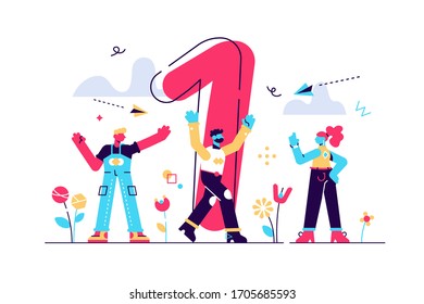 Concept of achieving a business goal vector, winner with a gold cup in his hand, victory in the first place, number one, joyful people around the winner. Flat style modern design vector illustration