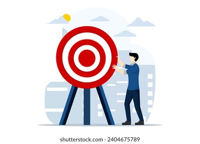 Concept of achieving business goals, businessman holding target board or human career targets. development, advancement or growth, successful career, leadership. flat vector illustration.