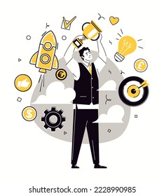 Concept of achieving business goals, Happy successful businessman with golden goblet in his hands. Idea of leadership. Vector character flat cartoon illustration.
