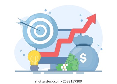 Concept of achieving business success. Successful winner with brilliant idea, achieving career goals, solving work task problems. Vector illustration in modern flat style on background.