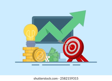 Concept of achieving business success. Successful winner with brilliant idea, achieving career goals, solving work task problems. Vector illustration in modern flat style on background.