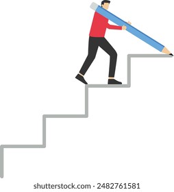 Concept of achieving career path, strategy for achieving business targets, successful business development, smart businessman using big pencil to draw ladder and walking up stairs.