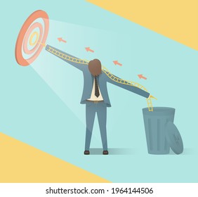 The concept of achieving a goal, getting out of a difficult situation. A man helps to get out of the trash into the light. Vector illustration.