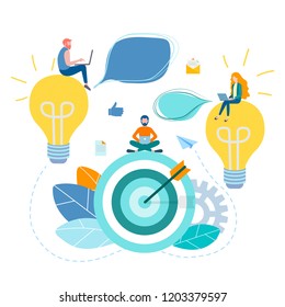 Concept of achieving the goal, hitting the top, teamwork, brainstorming, searching for ideas for a successful business. Vector illustration.