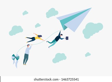 The concept of achieving the goal. Metaphor, people holding the thread from the paper plane, moving towards the goal