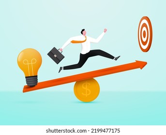 The concept of achieving a goal with a new idea. A man running along the arrow is a light bulb of ideas and a target.