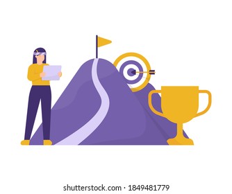 the concept of achieving goal or target, strategy and business planning. illustration of a woman manager setting the path to success. mountain, trophy, flag, dartboard. flat style. design elements