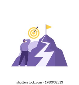 the concept of achieving goal or target, strategy and business planning. illustration of a man manager setting the path to success. mountain, flag, dartboard. flat style. design elements