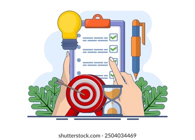 concept of achieving goals, business development ideas and strategies, entrepreneurship and time management, success, strategic business planning. Achieve the target. Cartoon flat vector illustration