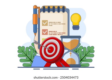 concepto de logro de metas, ideas y estrategias de desarrollo empresarial, emprendimiento y gestión del tiempo, éxito, planificación estratégica de negocios. Alcanza el objetivo. Ilustración vectorial plana de dibujos animados