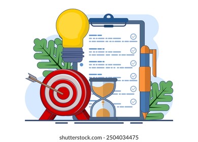 concept of achieving goals, business development ideas and strategies, entrepreneurship and time management, success, strategic business planning. Achieve the target. Cartoon flat vector illustration