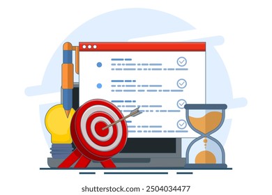 concept of achieving goals, business development ideas and strategies, entrepreneurship and time management, success, strategic business planning. Achieve the target. Cartoon flat vector illustration