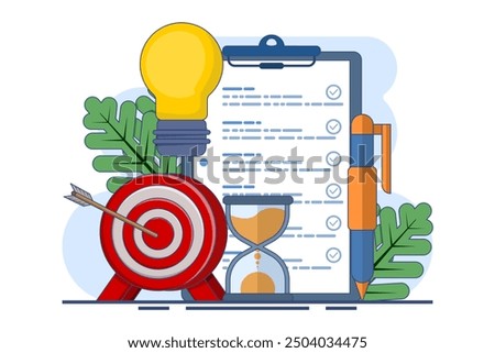 concept of achieving goals, business development ideas and strategies, entrepreneurship and time management, success, strategic business planning. Achieve the target. Cartoon flat vector illustration